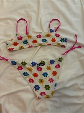 MC2 Saint Barth White Floral Terry Kids Bikini with Pink Straps